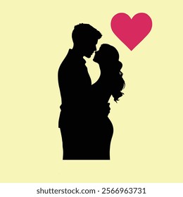 Straight couple, in silhouette, with a man and a woman, with a pink heart, simulating the , modern and simple illustration style, romantic colors background