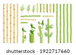 Straight curved bamboo stick stem border frame element set. Single stick and bundle, green hollow cane leaf, ecological rainforest greenery for design vector illustration isolated on white background