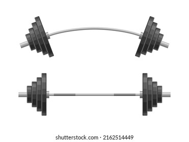 Straight and curved barbell isolated on white background. Weightlifting equipment, Bodybuilding, gym, crossfit, workout, fitness club symbol. Sport vector illustration