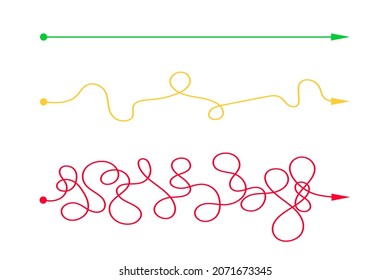 Straight and curved chaotic lines from start to finish points. Expectation and reality, easy and hard way concept. Different plans or life scenario symbols. Simple vector flat illustration.