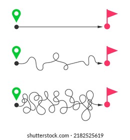 Straight and curved lines from start map pins to finish flags. Fast and slow delivery, easy and hard way, short and long path, ideal and difficult life, goal achieving levels. Vector flat illustration