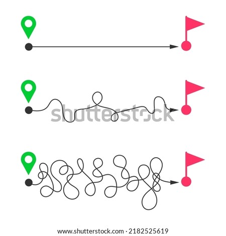 Straight and curved lines from start map pins to finish flags. Fast and slow delivery, easy and hard way, short and long path, ideal and difficult life, goal achieving levels. Vector flat illustration
