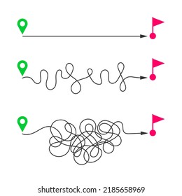 Geringe und gekrümmte Wege von der Startkarte bis zur Zielflagge. Schnelle und langsame Lieferung, einfache und harte Planung, kurz und lang, ideales und schwieriges Leben, Zielerreichung. Vektor-Wohnung