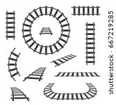 Straight and curved railroad tracks vector black icons. Transportation rail curve straight and road illustration