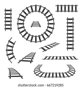 Straight and curved railroad tracks vector black icons. Transportation rail curve straight and road illustration