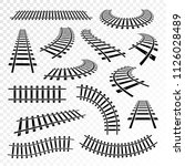 Straight and curved rails icon set. Railroad train runs on, steel bars laid forming a railway track. Vector black signs railway isolated from background.