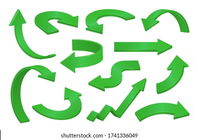 Straight, curved, round, zigzag green 3d arrows collection. Right, left, up, down, turning, growth shiny volumetric pointers, guides, information signs. Vector set isolated on white background.