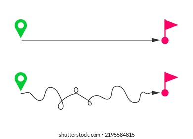 Straight and curved ways from start map pins to finish flags. Fast and slow delivery, easy and hard plan, short and long path, ideal and difficult life, goal achieving levels. Vector flat