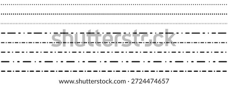 Straight dash line set. Pencil borders design, underline symbols, dot pattern icon, section stripe elements, pencil dash underline collection