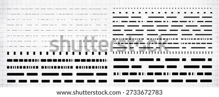 Straight dash line set. Pencil borders design, underline symbols, dot pattern icon, section stripe elements, pencil dash underline collection