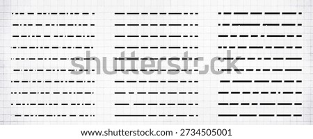 Straight dash line set. Pencil borders design, underline symbols, dot pattern icon, section stripe elements, pencil dash underline collection