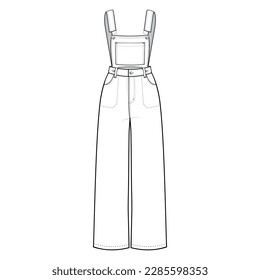 Straight Denim Dungarees fashion flat technical drawing template. Dungarees technical fashion Illustration, front, and back view, white, CAD mockup set.