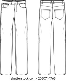 straight denim jeans retro button fly pant fashion trouser flat sketch vector illustration 