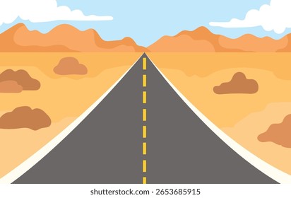Straight desert road with mountain view illustration