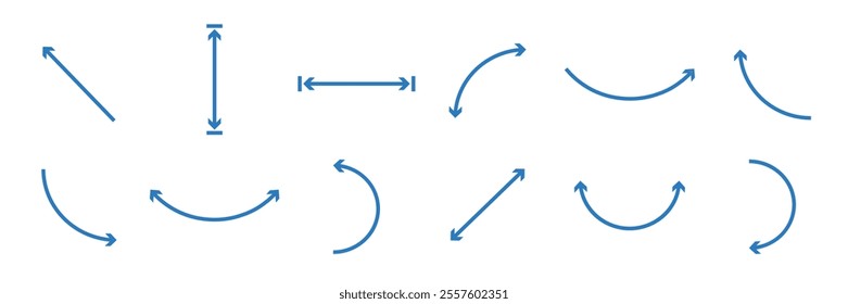 Straight double arrow and curved direction signs. Dual semi circle arrow and right left collection. Drawing with size. Vector illustration 