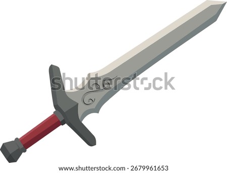 A straight double-edged sword with a red grip and dark crossguard, suitable for fantasy or historical-themed designs.