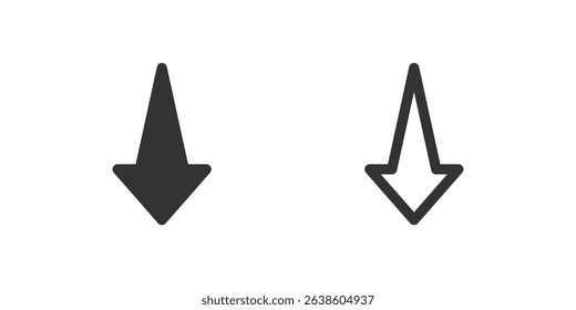 Straight down arrow icon set. Suitable for scrolling, downloads, and collapsing elements. Symbol of scroll, download, and expand collapse.
