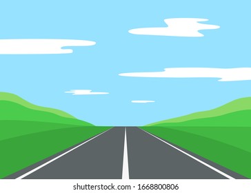 Straight empty asphalt road to nature. Street with field, meadow, hills, clouds. Beautiful summer nature landscape. Vector illustration