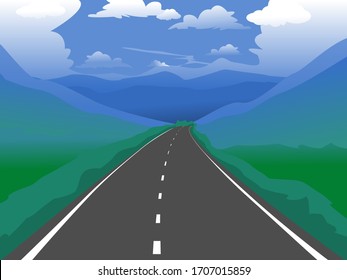 Straight Empty Road And Mountain. Vector Landscape Background