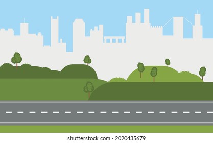 Straight empty road on city background. Green hills,meadow. Summer landscape