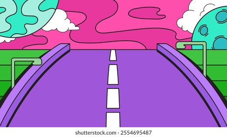 Straight empty road Rural landscape with moon and planet in Cartoon Vector illustration Retro style illustration flat cartoon simple background