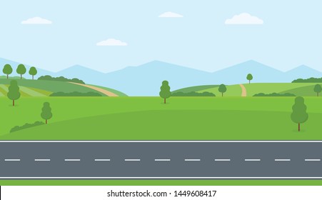 Straight empty road through the countryside. Green hills, blue sky, meadow and mountains. Summer landscape vector illustration. - Shutterstock ID 1449608417