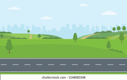 Straight empty road through the countryside on city background. Green hills, blue sky, meadow. Summer landscape vector illustration. - Shutterstock ID 1548083348