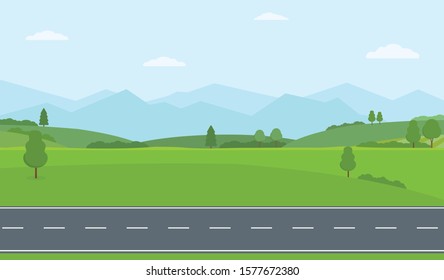 Straight empty road through the countryside. Green hills, blue sky, meadow and mountains. Summer landscape vector illustration.