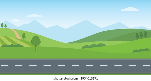 Straight empty road through the countryside. Green hills, blue sky, meadow and mountains. Summer landscape vector illustration. - Shutterstock ID 1934015171