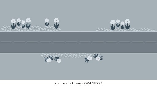 Camino vacío y directo a través del campo. Rocas y flores. Ilustración vectorial del paisaje de verano.

