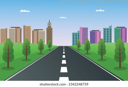 Straight empty road through the countryside and buildings in background vector illustration.