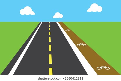 Straight empty road through the countryside with bike lane. Summer landscape vector illustration.