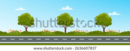 Straight empty road through the countryside. Cartoon landscape view with asphalt road background. Vector stock