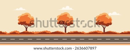 Straight empty road through the countryside. Cartoon landscape view with asphalt road background. Vector stock