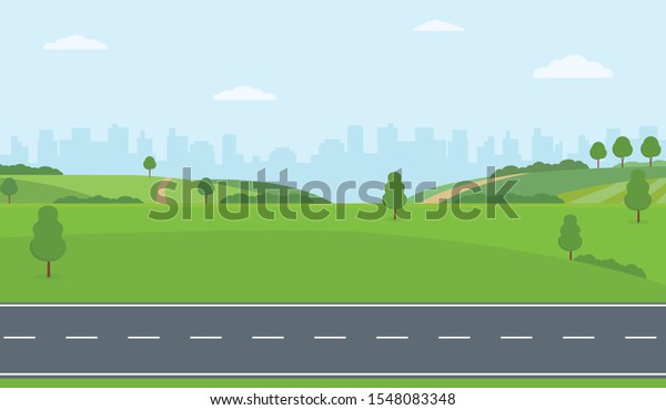 都市の背景に田舎の真っすぐな空の道 緑の丘 青い空 草地 夏の風景のベクター画像イラスト のベクター画像素材 ロイヤリティフリー