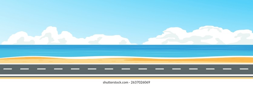 Straight empty road through the sea shore. Cartoon landscape view with asphalt road background. Vector stock
