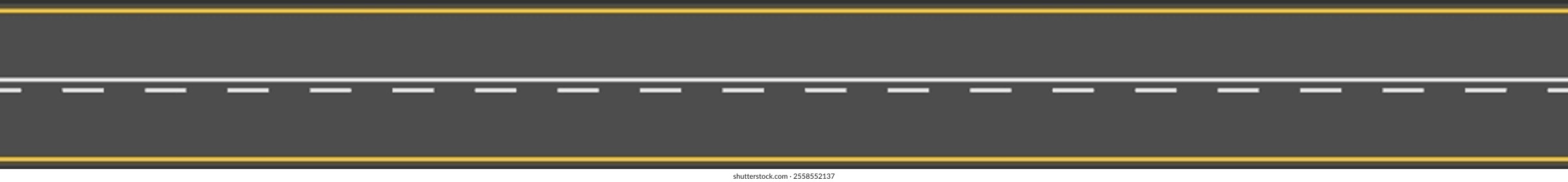 Straight empty road with white dashed line and yellow borders extending into the distance creates a sense of endless possibility and journey