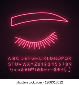 Straight eyebrow shape neon light icon. Flat eyebrows. Brows shaping by tattooing. Closed woman eye. Glowing sign with alphabet, numbers and symbols. Vector isolated illustration