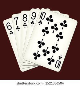 Straight Flush of Clubs from Six to Ten - playing cards vector illustration