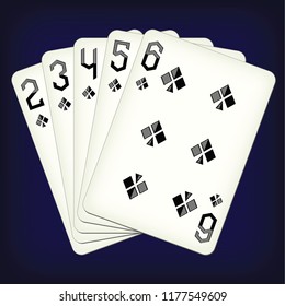 Straight Flush of Clubs from Two to Six - playing cards vector illustration