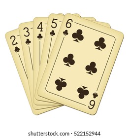 Straight Flush of Clubs from Two to Six - vintage playing cards vector illustration