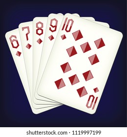 Straight Flush of Diamonds from Six to Ten - playing cards vector illustration