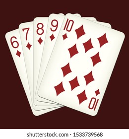 Straight Flush of Diamonds from Six to Ten - playing cards vector illustration