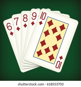 Straight Flush of Diamonds from Six to Ten - playing cards vector illustration