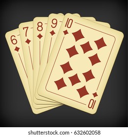Straight Flush of Diamonds from Six to Ten - vintage playing cards vector illustration