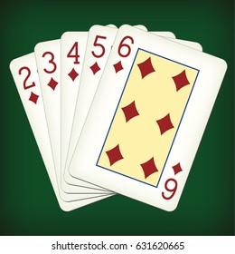 Straight Flush of Diamonds from Two to Six - playing cards vector illustration