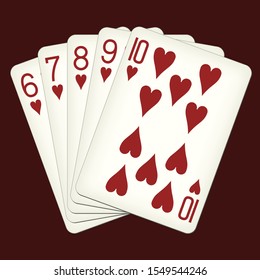 Straight Flush of Hearts from Six to Ten - playing cards vector illustration