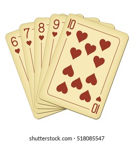 Straight Flush of Hearts from Six to Ten - vintage playing cards vector illustration