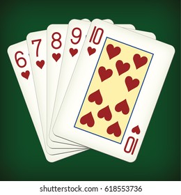Straight Flush of Hearts from Six to Ten - playing cards vector illustration