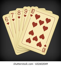 Straight Flush of Hearts from Six to Ten - vintage playing cards vector illustration